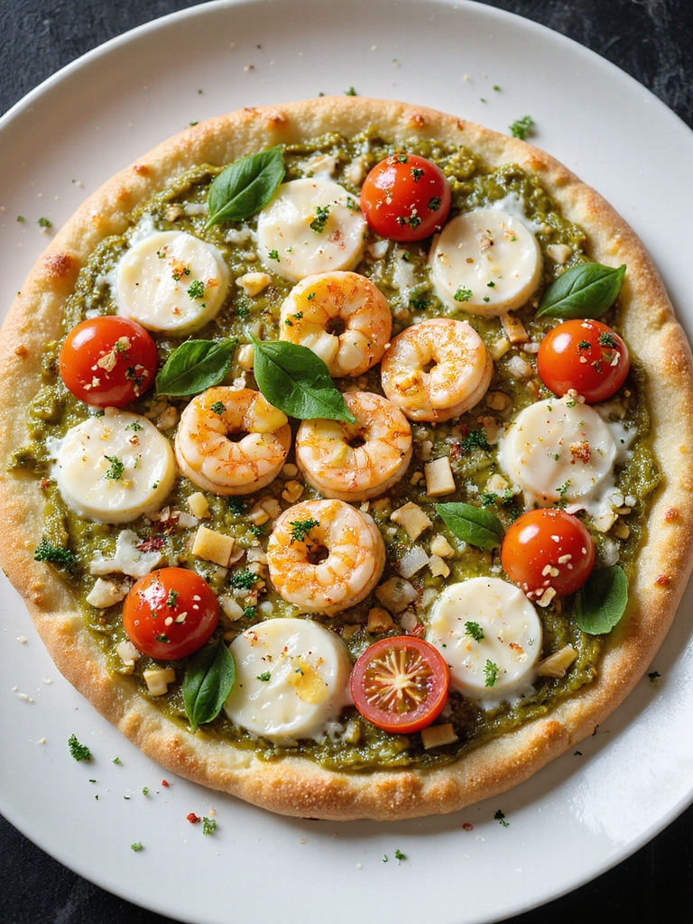 garlic lemon shrimp pesto flatbread