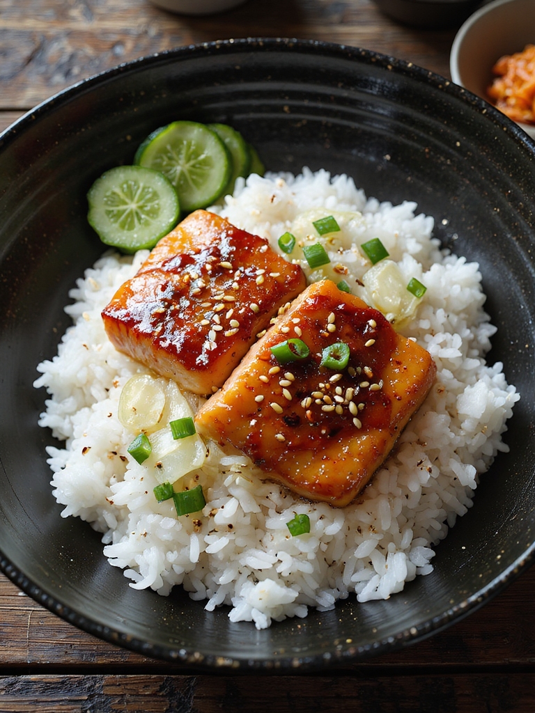 glossy teriyaki salmon donburi