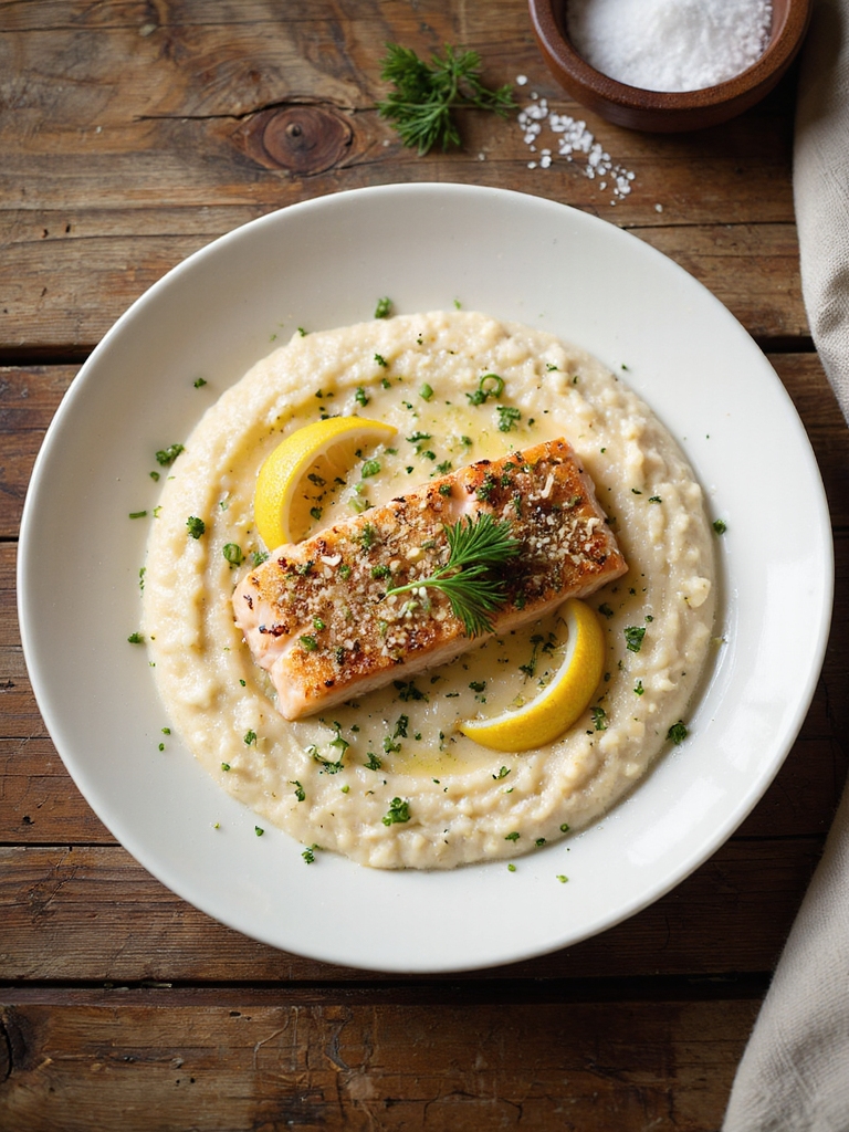 herb crusted salmon over grits