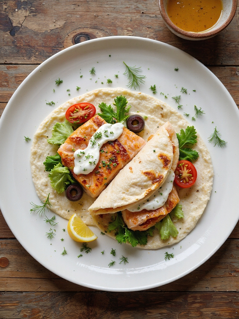 herb seasoned salmon tzatziki wrap