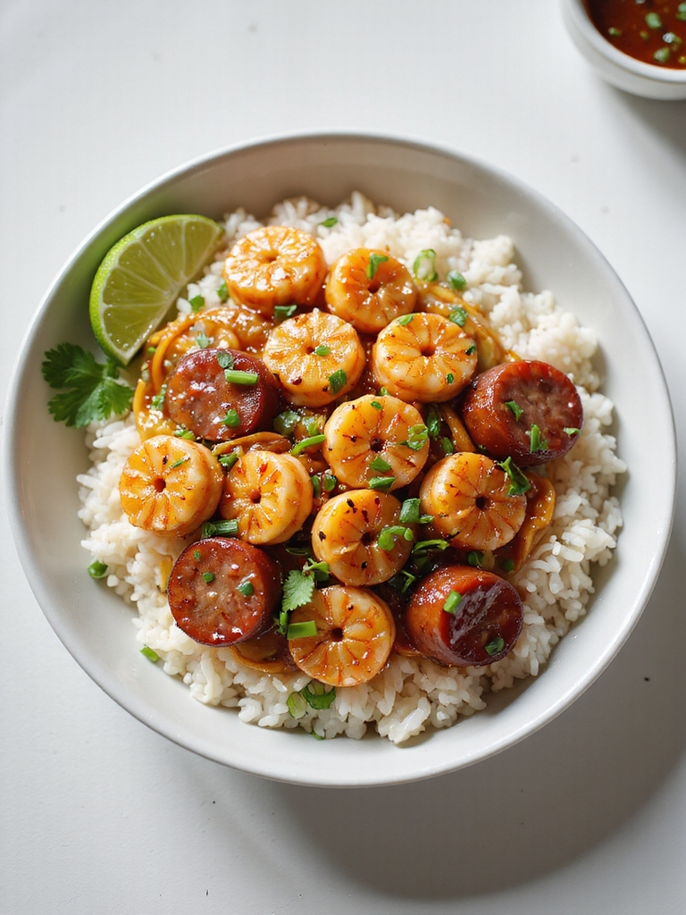 honey sriracha kielbasa shrimp bowl