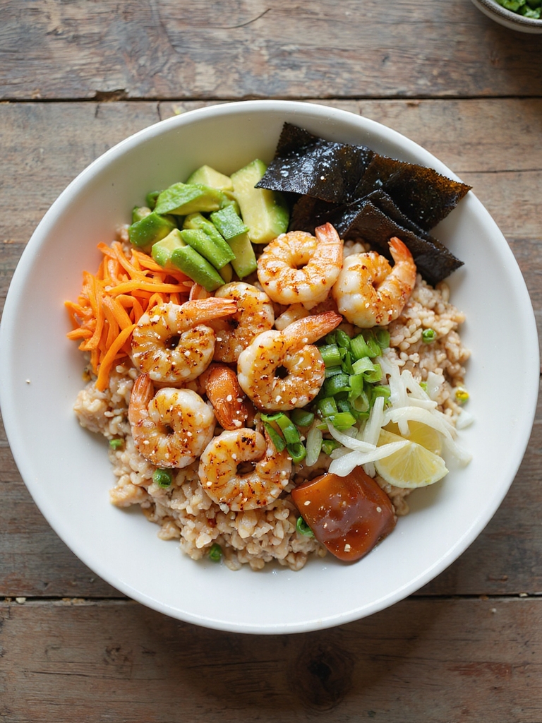 marinated seared shrimp rice bowl