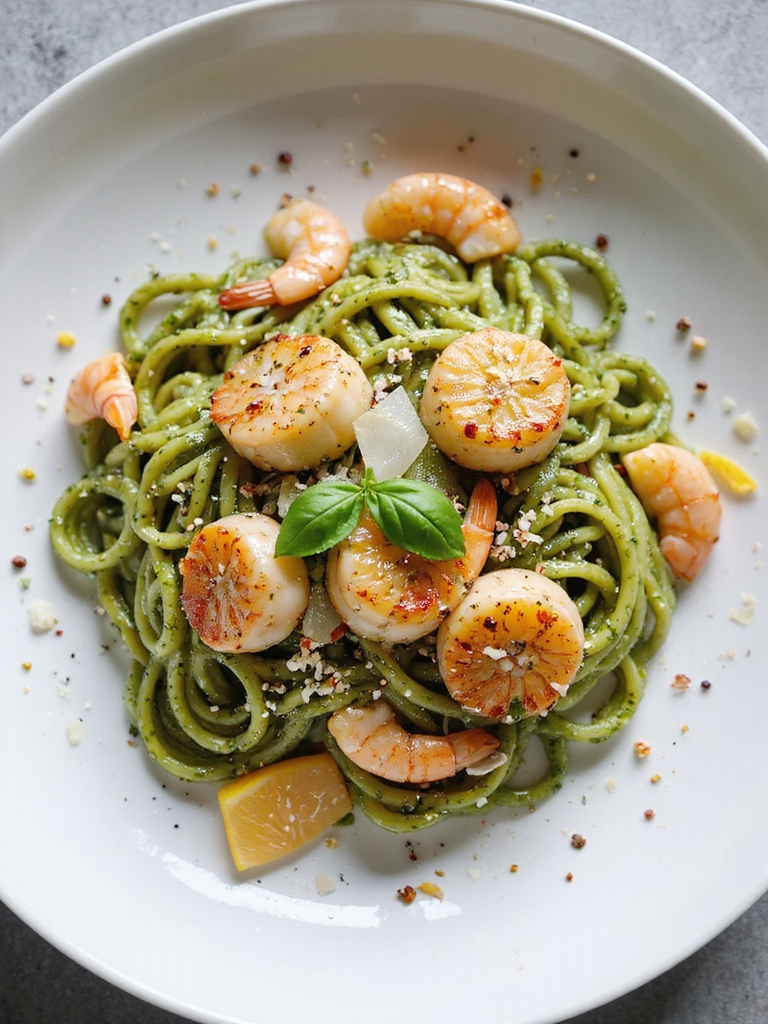 pesto seafood spaghetti with shrimp