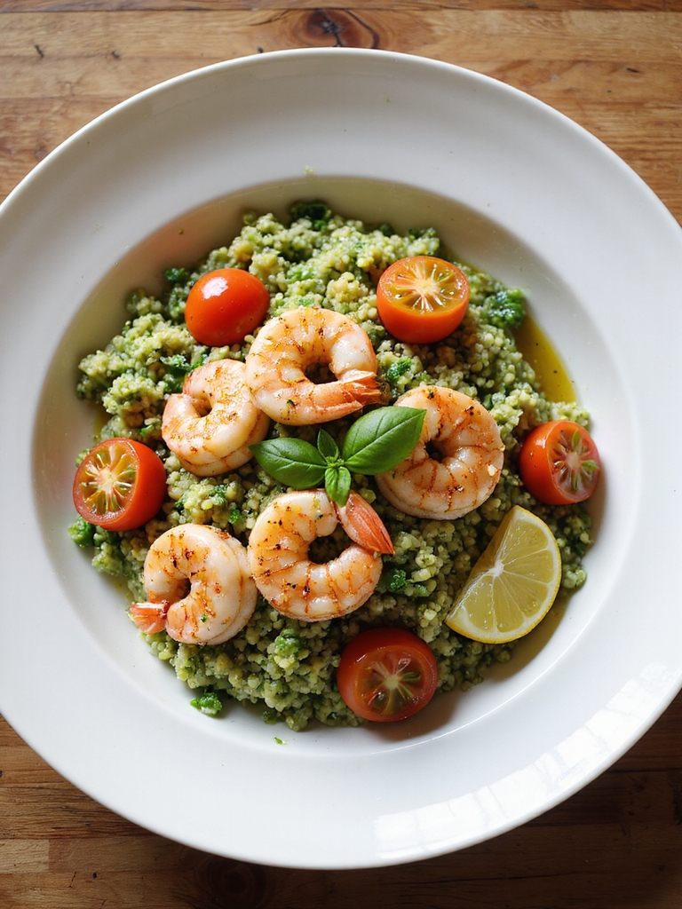 pesto shrimp quinoa with tomatoes