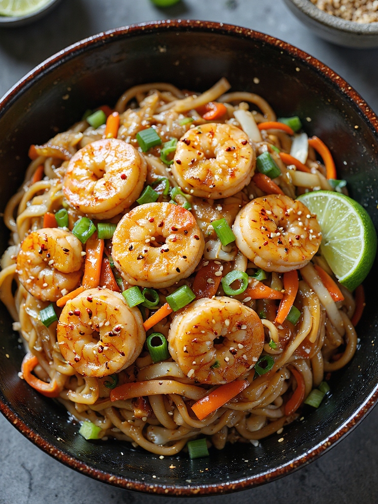 quick sesame teriyaki shrimp noodles