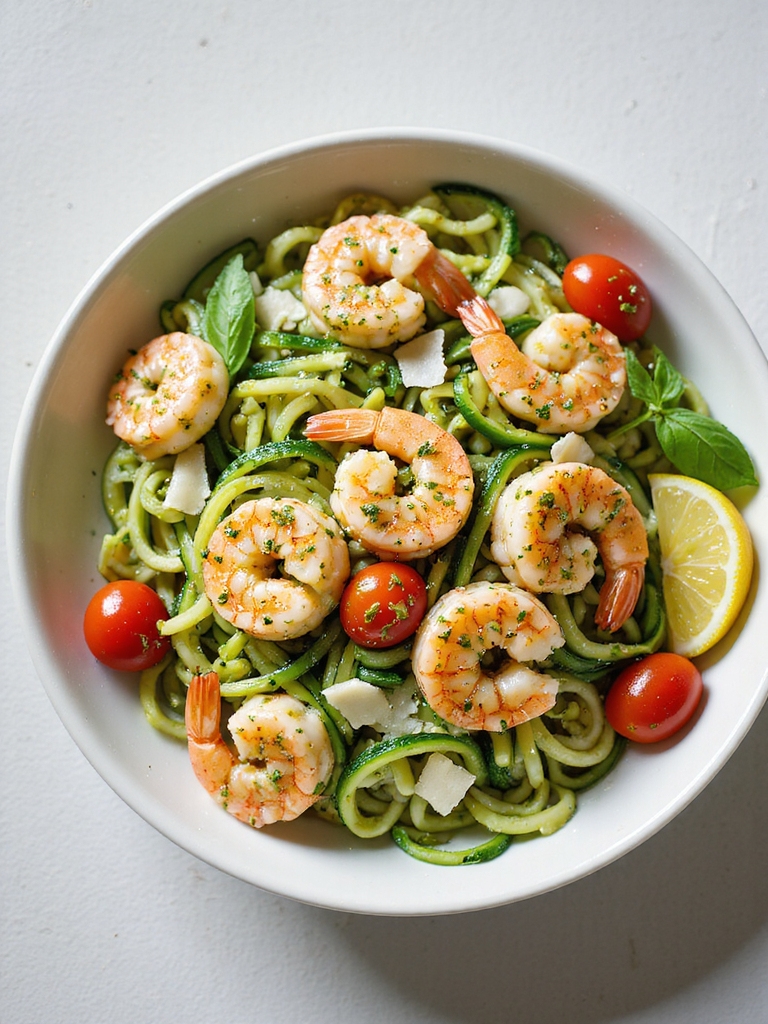 quick shrimp pesto zoodles