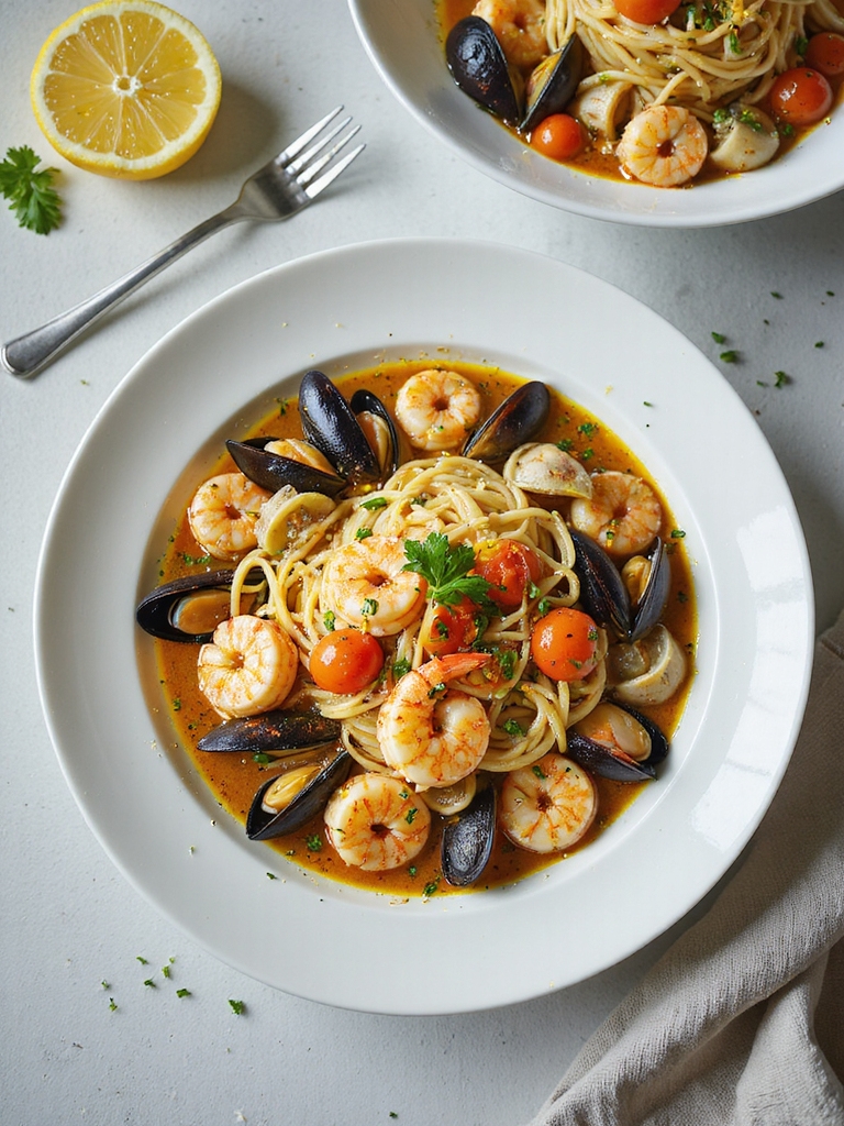 saffron infused mixed shellfish spaghetti