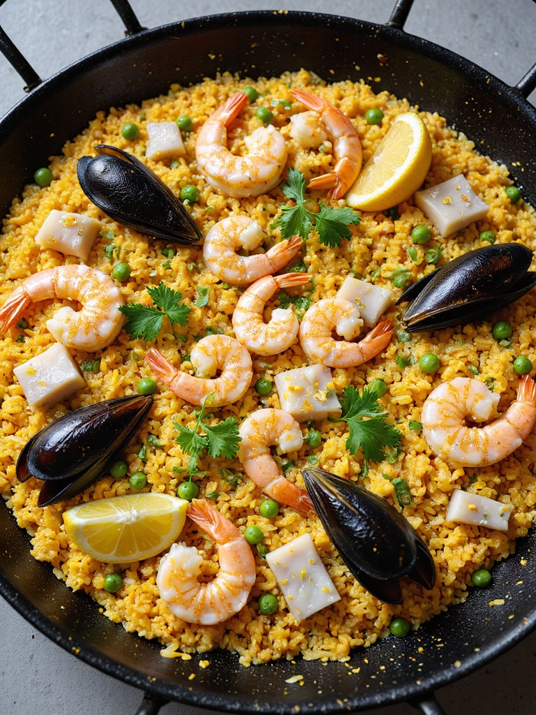 saffron seafood paella with socarrat