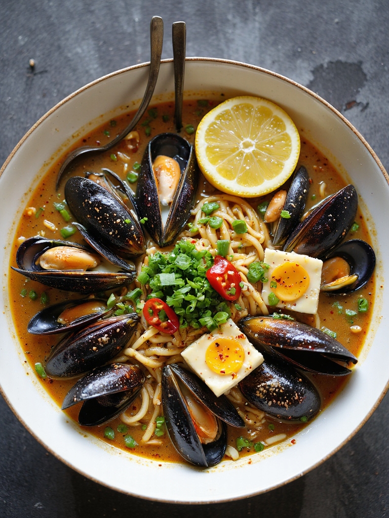 savory garlic butter mussel ramen