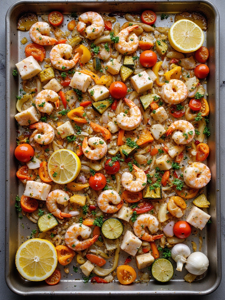sheet pan garlic parsley seafood