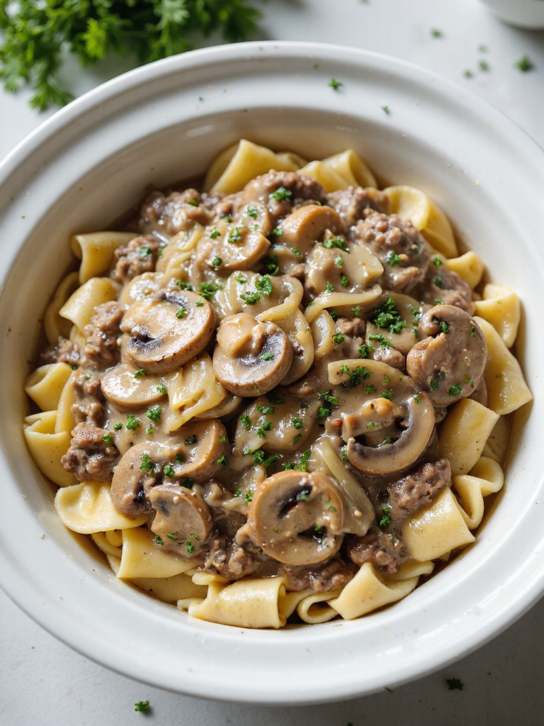 slow cooked creamy beef stroganoff