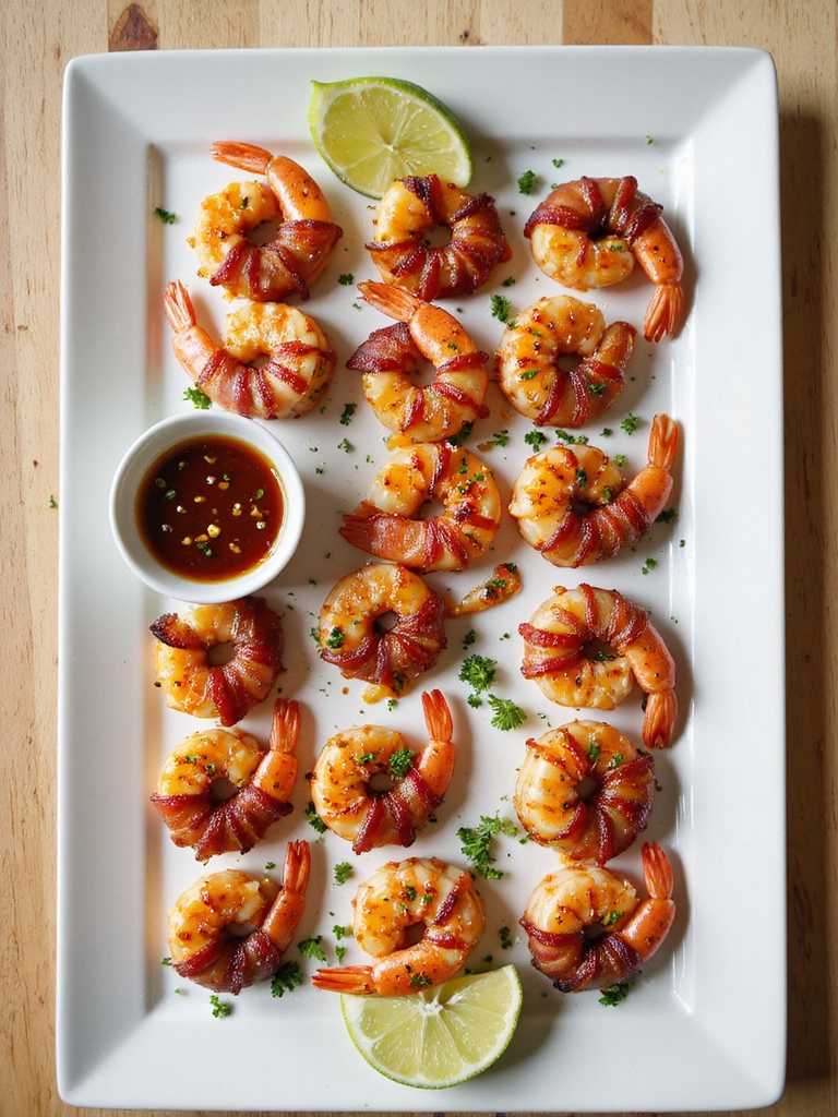 sticky spicy honey bacon shrimp
