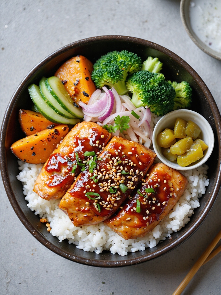 teriyaki salmon bowl plating
