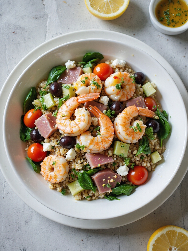 warm farro shrimp tuna bowl