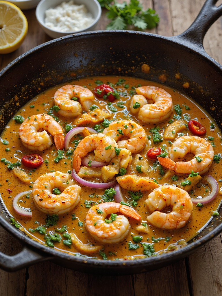 yogurt marinated curry shrimp skillet